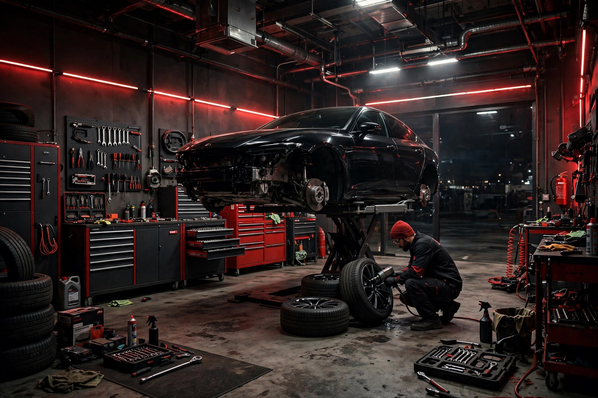 Inside the GRD Creations llc customization shop bay at night — black car on a lift, technician at work