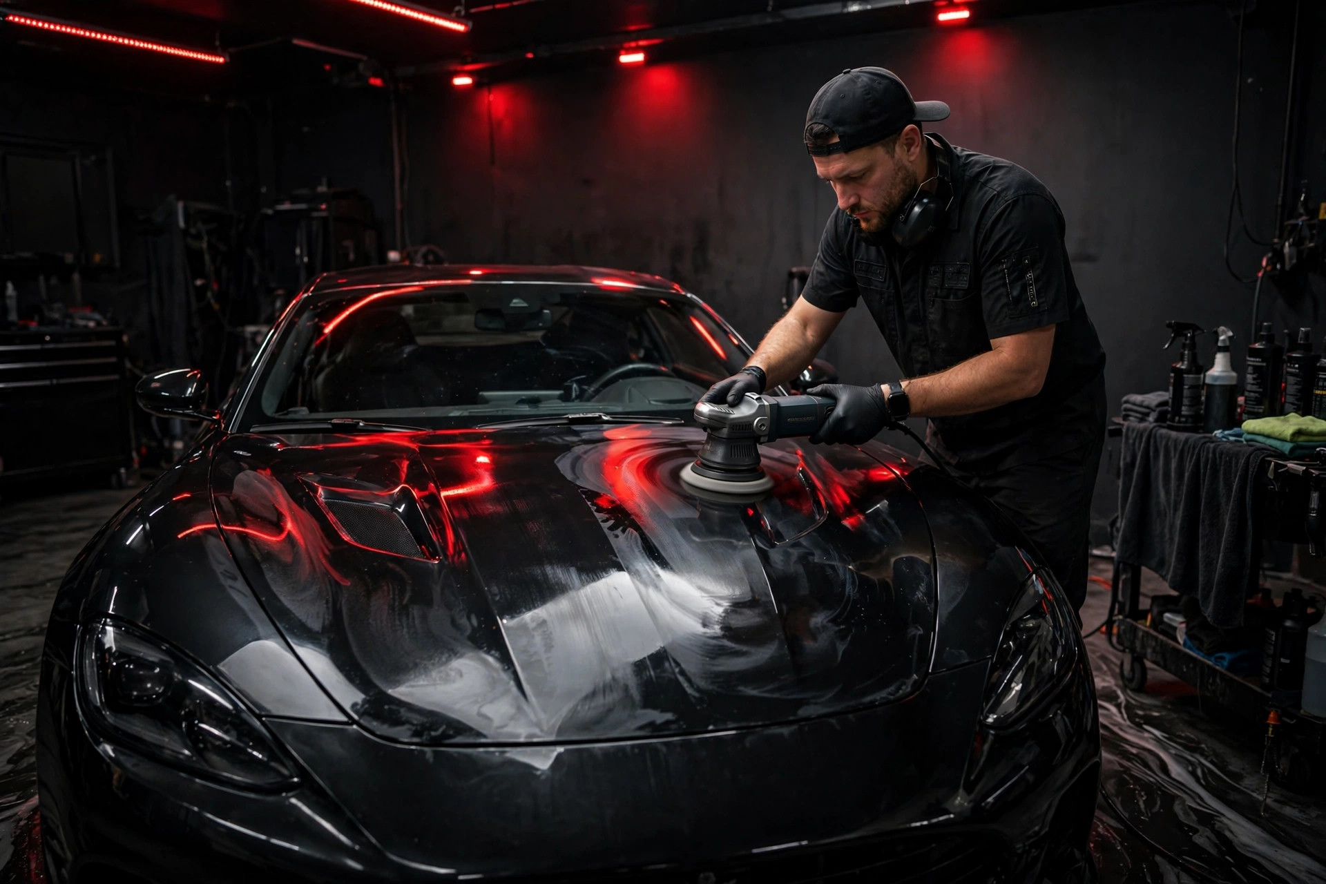 Technician polishing a black sports car in a dark detailing bay with red lights