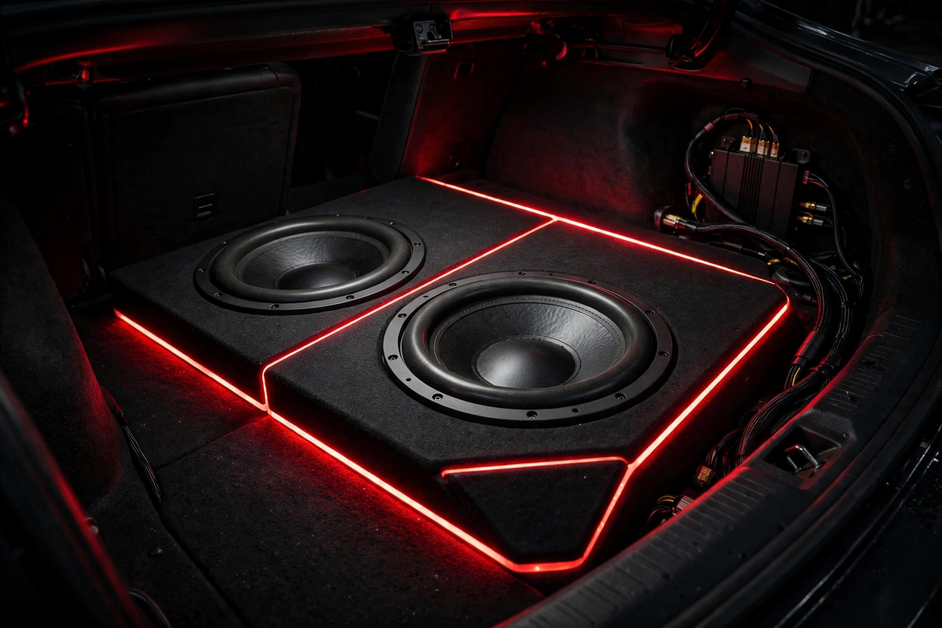 Custom car audio subwoofer enclosure with red LED accent lighting in a trunk