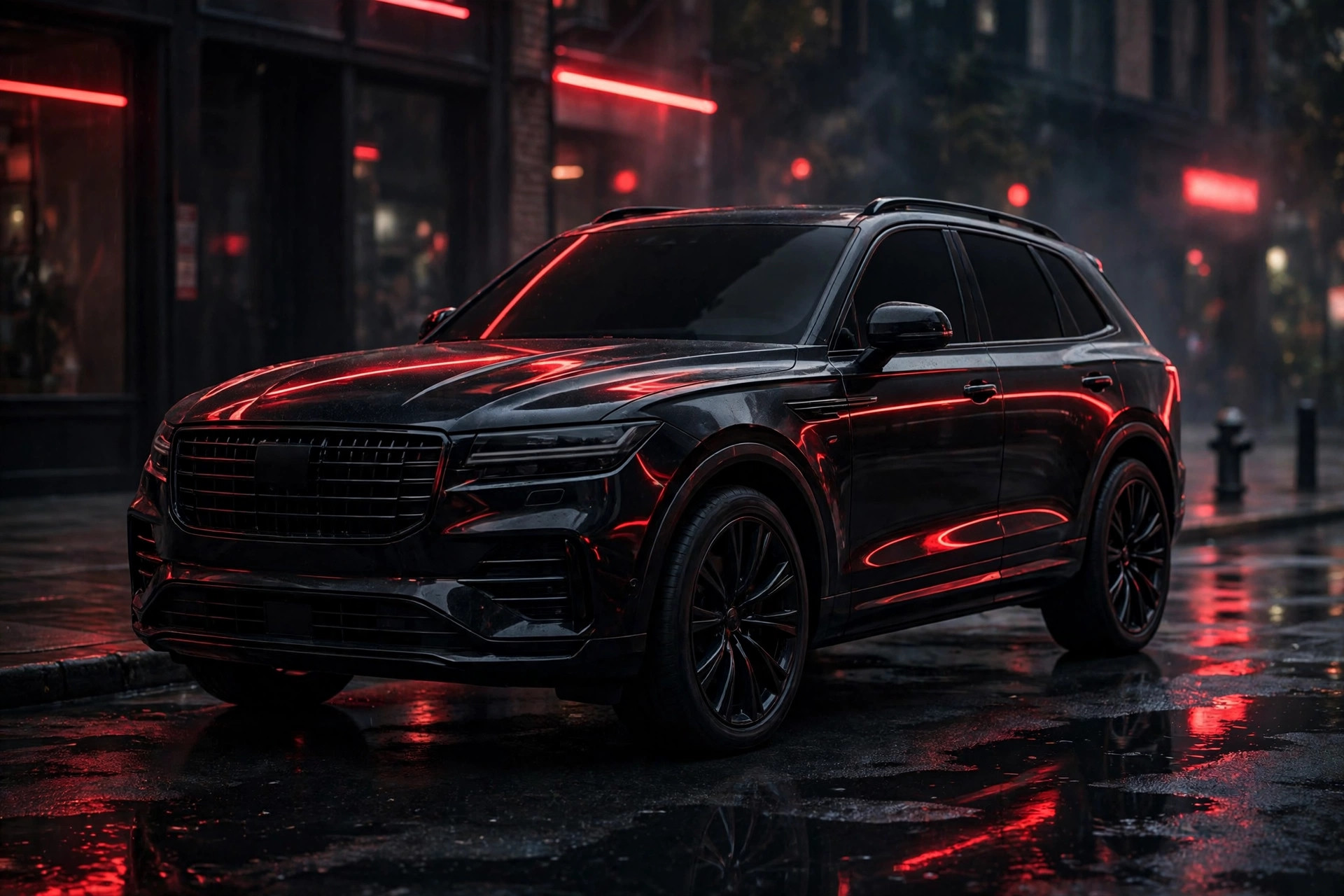 Black luxury SUV with dark tinted windows at night with red neon reflections