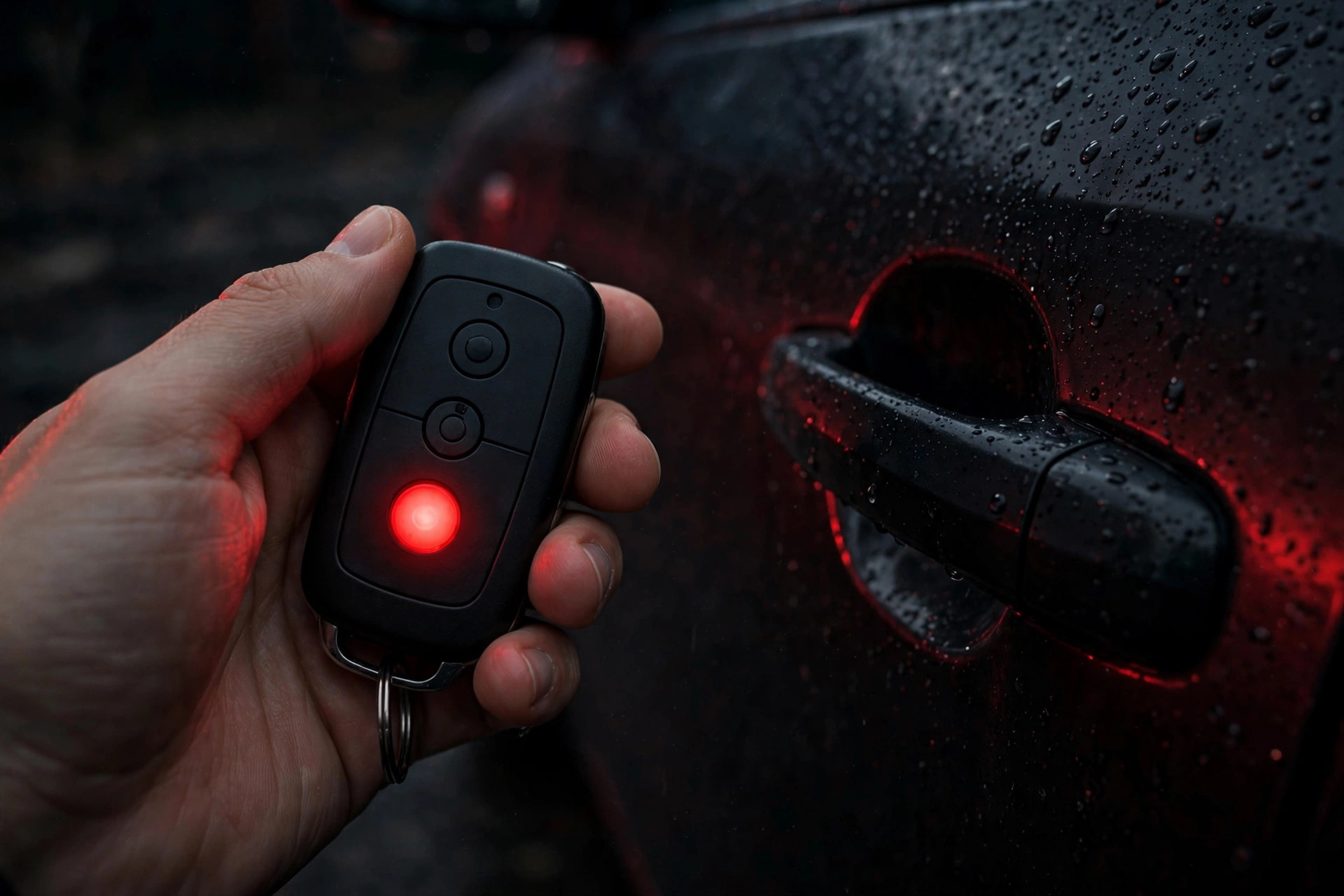 Hand holding a car key fob with red button next to a black car door at night