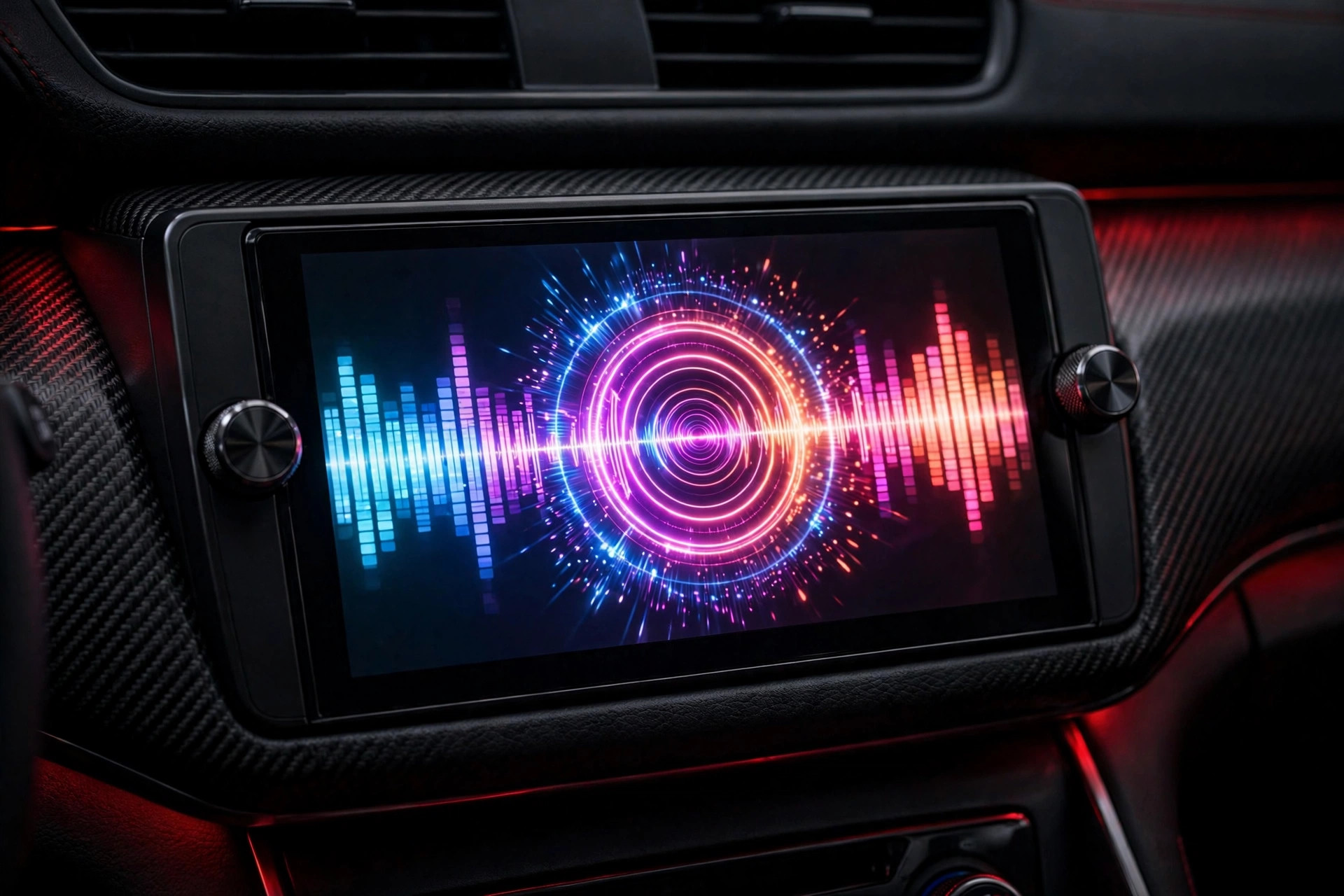 Aftermarket touchscreen car stereo installed in a dashboard with red ambient lighting