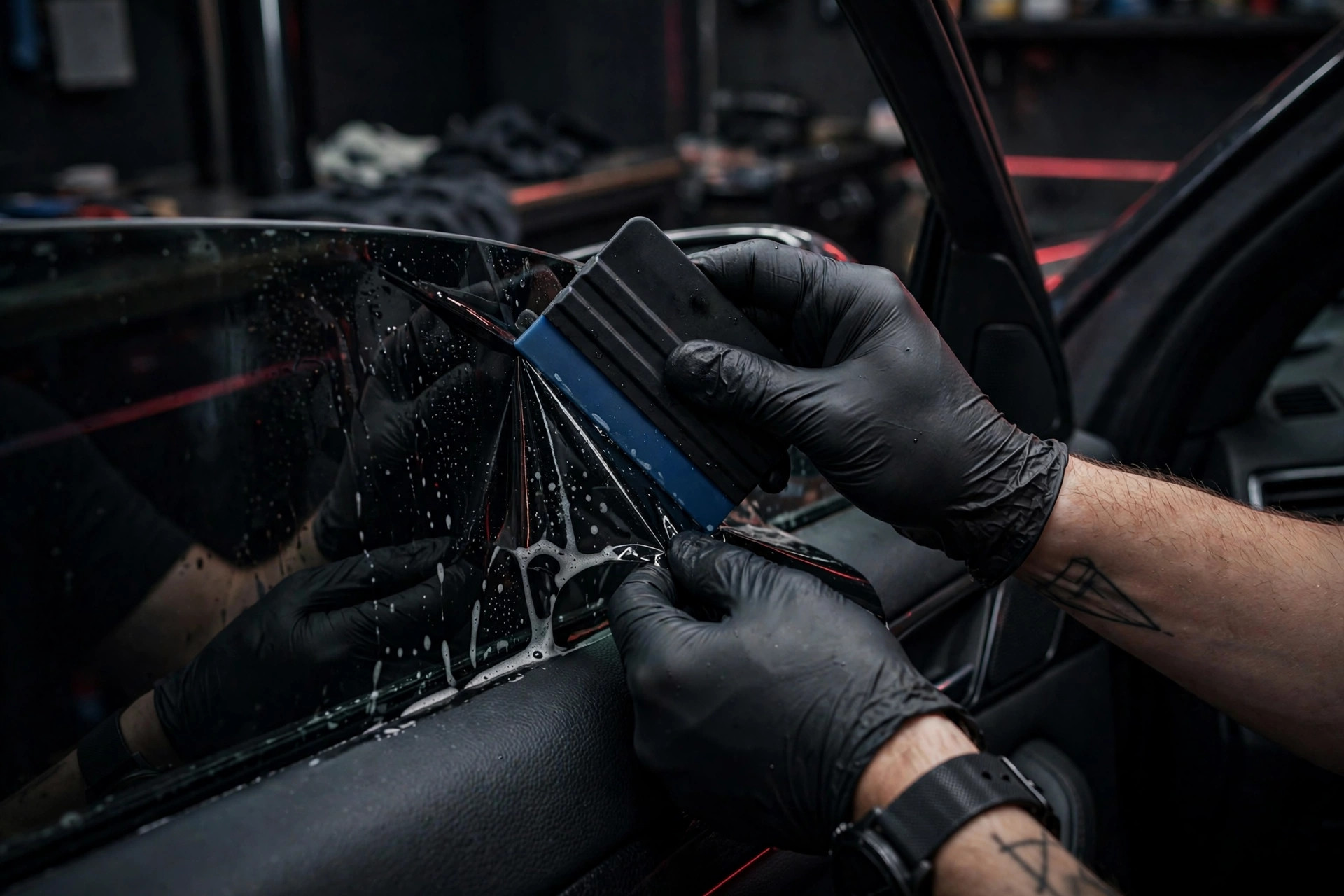Technician applying dark window tint film to a car side window at GRD Creations llc